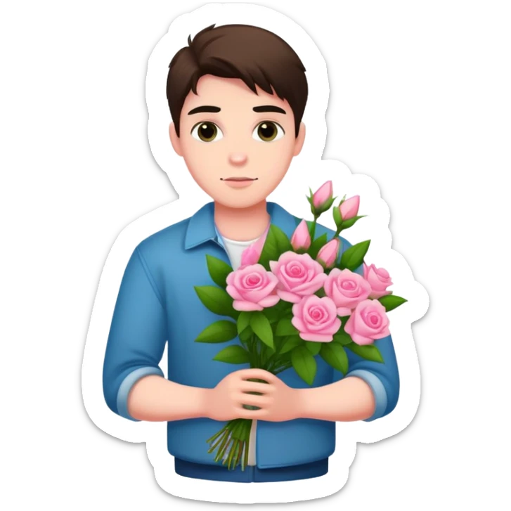 A cool bad boy with fair skin holding a bouquet of pink jasmine roses sticker