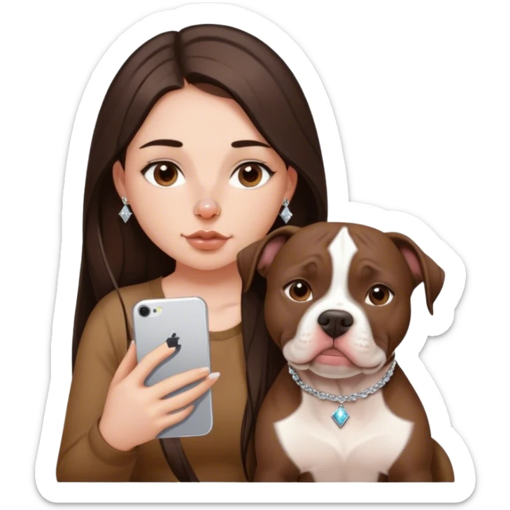 ￼ a young girl with long dark brown hair cascading down her face. It’s with her phone in her hands, sitting next to her pitbull with a small diamond nose ring in her nose. sticker
