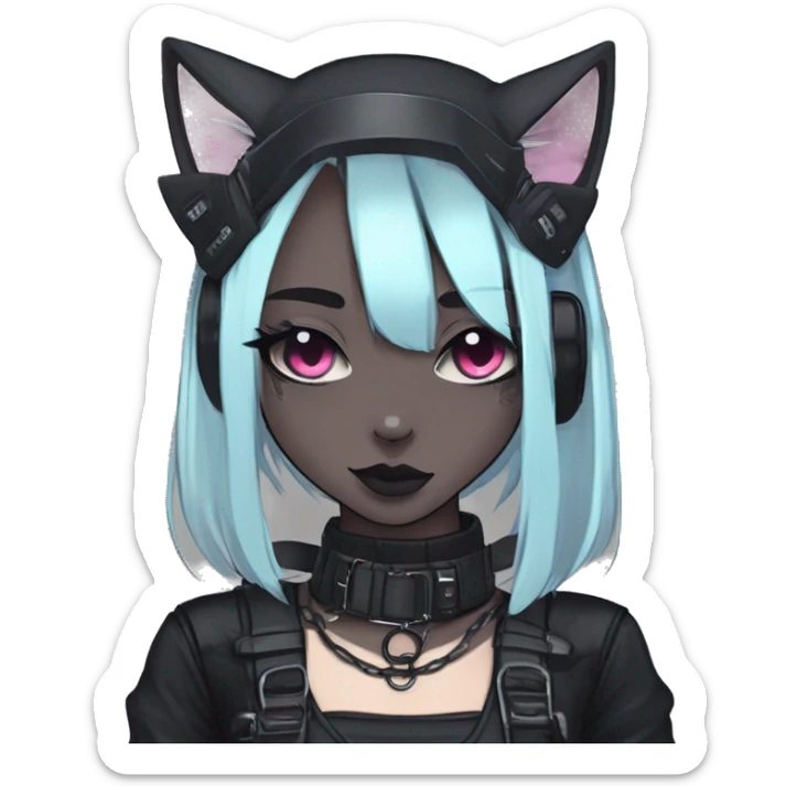 Gorgeous gothic dark techwear cyberpunk anime style sona anthro cat with blushing face aesthetic and pretty edgy black with collar and harness trending style sticker