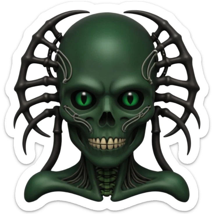 HR giger, wires, dark green, black flesh undead, head. dark black bones and skin sticker