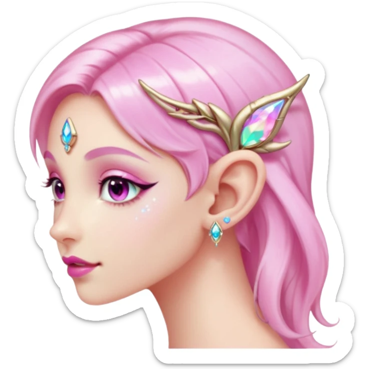 portrait of pink Elvish fae shiny sparkly iridescent translucent diaphanous ear climber ear cuff sticker