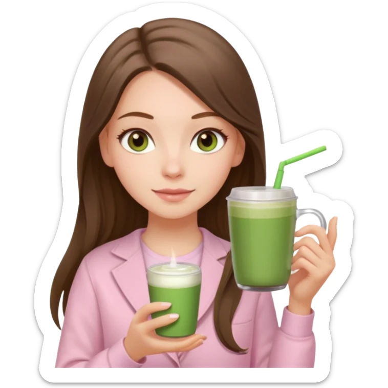 white long brunette hair girl with hazel eyes wearing light pink who is holding matcha sticker