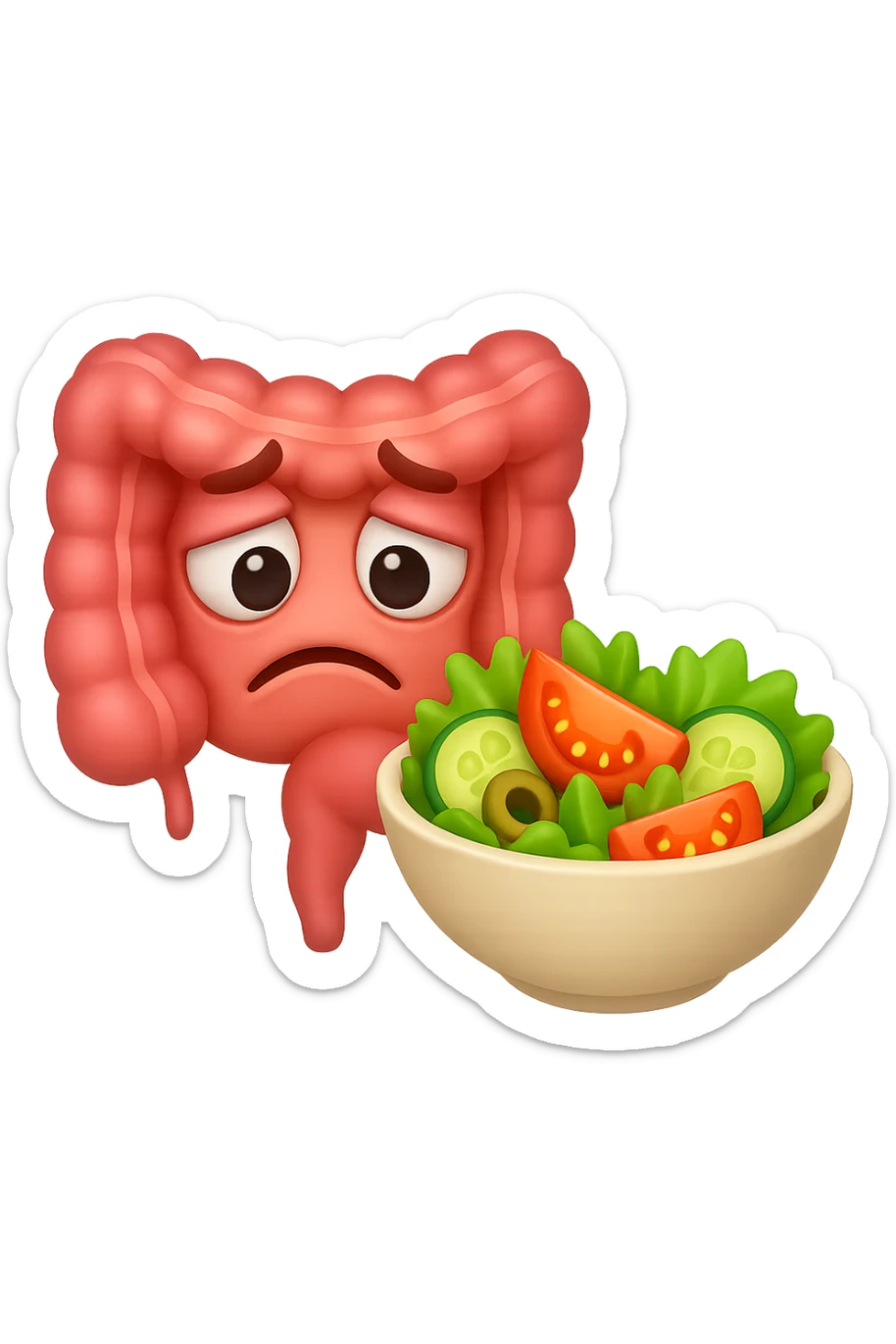 EMOJI STILE IPHONE DI UN INTESTINO UMANO ANATOMICO CHE GUARDA UN INSALATA CON ESPRESSIONE TRISTE E RASSEGNATA IN VOLTO: SOFFRE LA FAME PERCHé è A DIETA, FAGLI ANCHE LA PARTE BIANCA DEGLI OCCHI, NON SOLO LE PUPILLE sticker