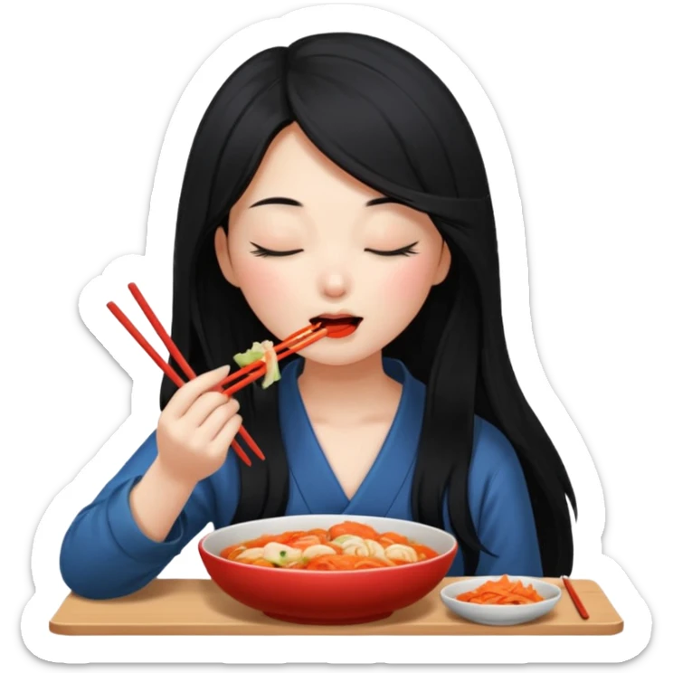 Girl with black long hair eat kimchi close eyes chopstick sticker
