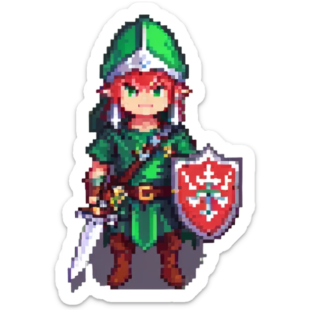Link from The Legend of Zelda, pixel art style, green tunic, pointy hat, sword and shield sticker