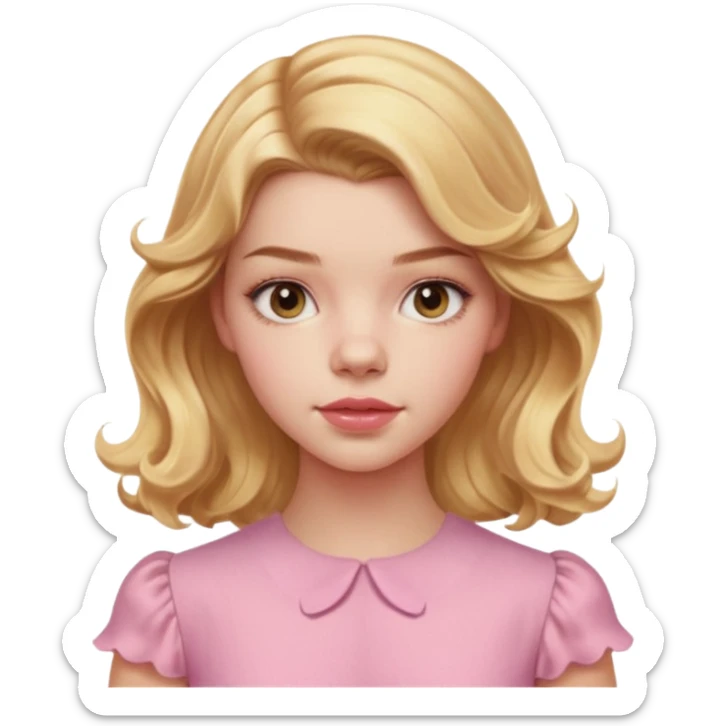Cinematic Realistic Anya Taylor Joy Portrait, depicted with lifelike skin texture, subtle rosy undertones, and soft natural lighting that enhances the sweet blush contours of her face. Her intricately detailed golden blonde hair is elegantly wavy, and pink dress corquette sticker