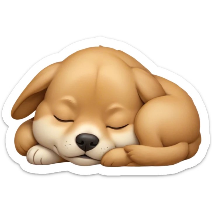 Meme-Worthy Cute Sleeping Domestic Dog Portrait Emoji, Head resting peacefully with a contented smile, showcasing a delightfully cuddly build and a luxuriously soft coat, eyes gently closed in serene, restful slumber, Simplified yet hilariously adorable features, highly detailed, glowing with a soft, drowsy light, high shine, relaxed and utterly lovable, stylized with an air of playful laziness, soft glowing outline, capturing the essence of a sleeping dog that feels destined to become the next viral sensation of adorable rest! sticker