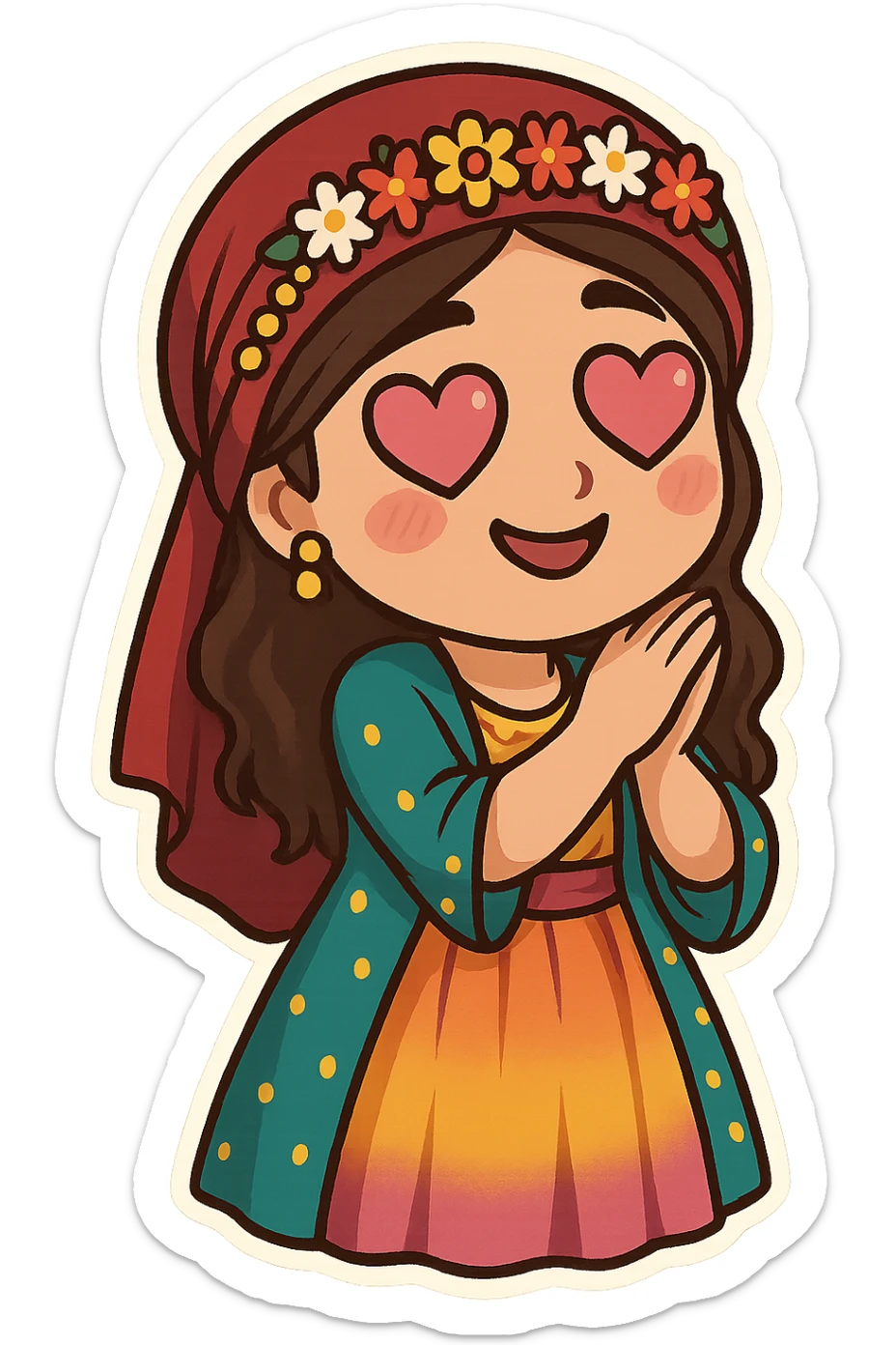 Cartoon sticker of a Kurdish woman in traditional colorful and cheerful Kurdish female clothing, with a romantic facial expression and heart-shaped eyes similar to the 😍 emoji, no text, suitable for WhatsApp and Instagram, transparent background. sticker