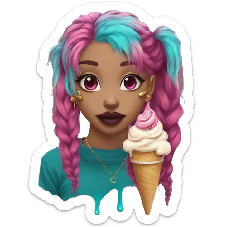 Vintage grunge patina intricate swirls golden sparkle Deep pink maroon burgundy cyan dark hoodie person dyed hair and gold piercings nose piercing ear piercings ice cream  sticker