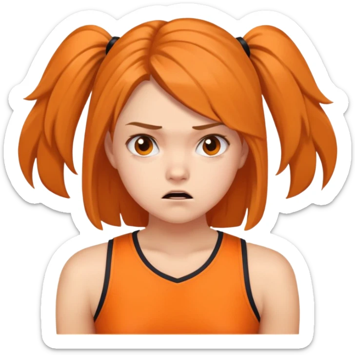 - Nữ
- 15 tuổi
- Da trắng
- Tóc gọn gàng, ngang vai
- Lập dị, khó gần
- Mặc áo cổ vũ cam
- Không cần tay, ảnh chân dung, miêu tả mặt khó chịu sticker