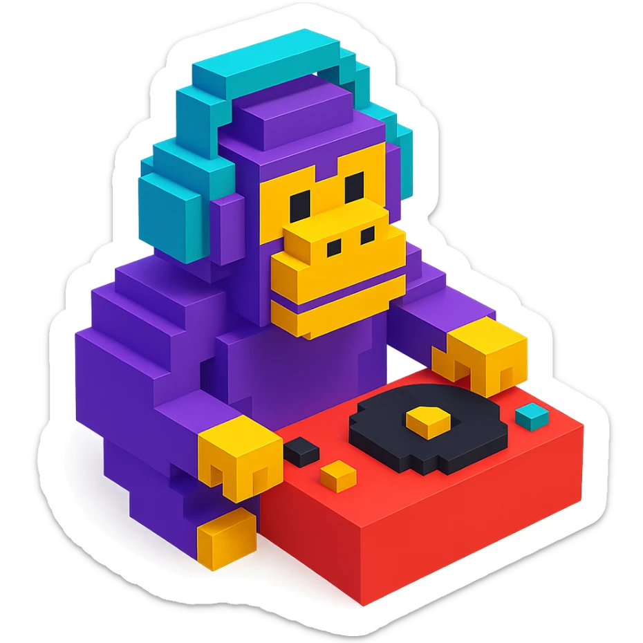 voxel style gorilla DJ with headphones and turntable, isometric view sticker