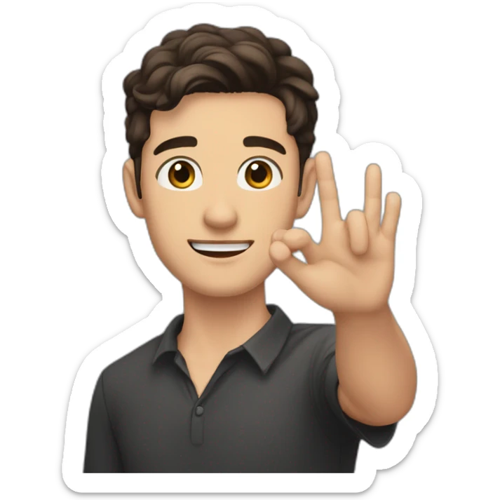 20 year old man with a shaved mustache and dark brown hair and brown eyes and black earrings in both his ears waving hello with his right arm and hand sticker