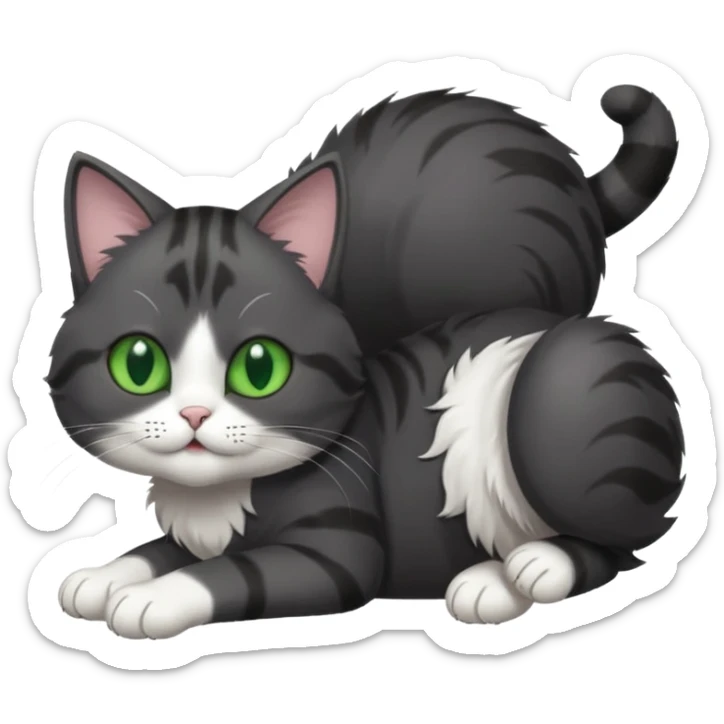 dark grey cat with green eyes, white toes/paws and white patch on her chest playfully rolling upside down sticker
