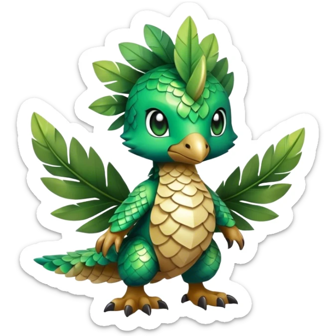 Cute cool fantasy animal hybrid Fakemon full body, green scales, leaves, feathers, sticker
