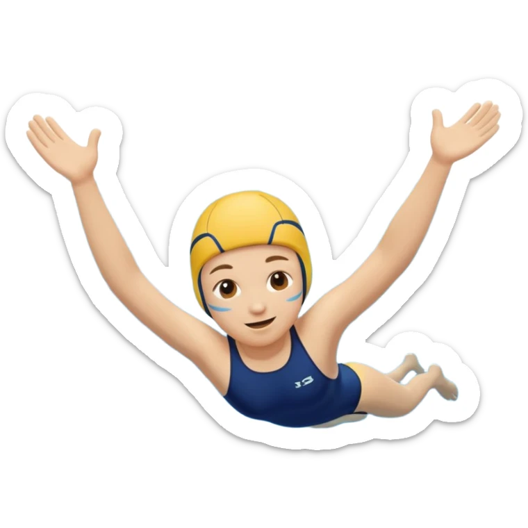 Cute emoji of a swimmer diving into a pool, rounded shapes, friendly style, bright blue water, minimal facial details. sticker
