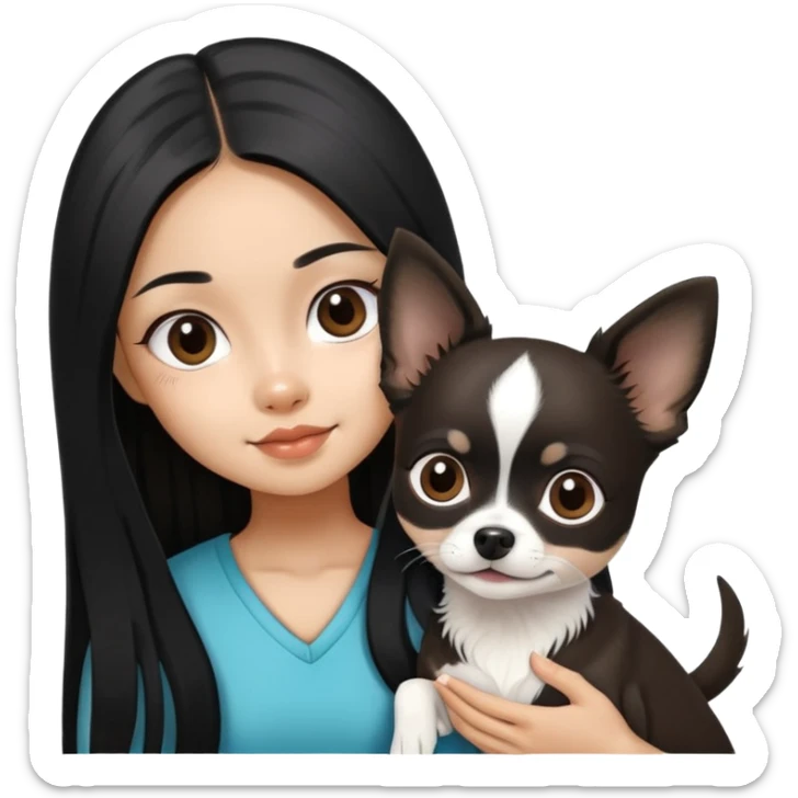 Thai girl with long black hair holding a black and white Chihuahua dog sticker