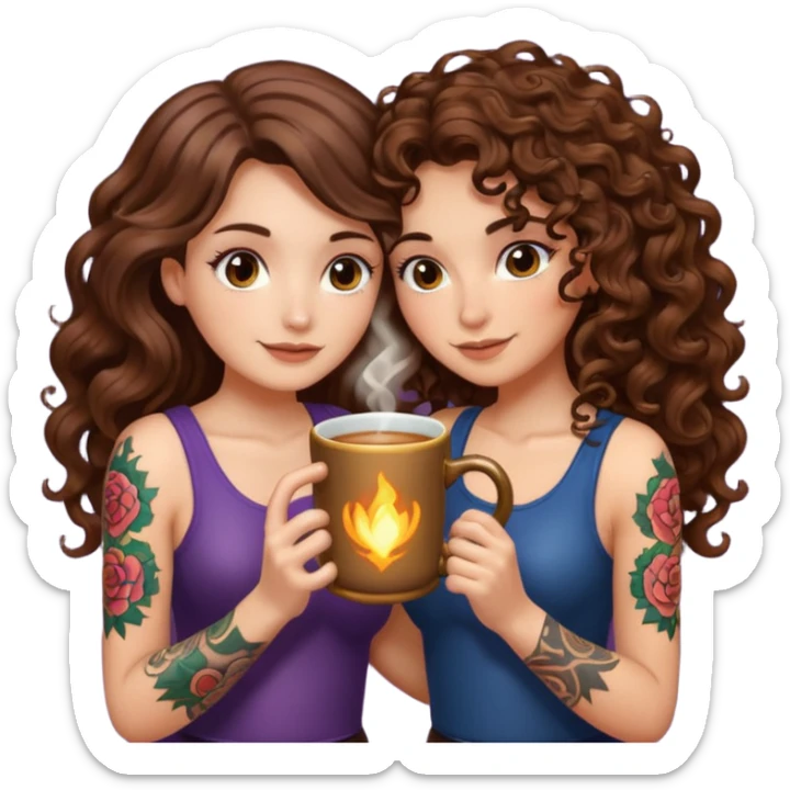 warm potion break — long wavy brown hair tattooed woman and short tight curly brown hair woman — hugging glowing mug sticker