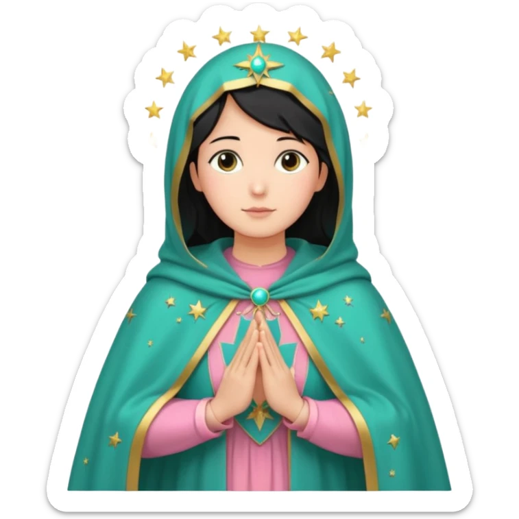 virgen maria catolica con vestido rosa palido. manto verde turquesa y pequeñas estrellas doradas, dispersas por el manto, muchas estrellas en su manto.con las manos juntas y de piel morena con pelo negro lacio sticker