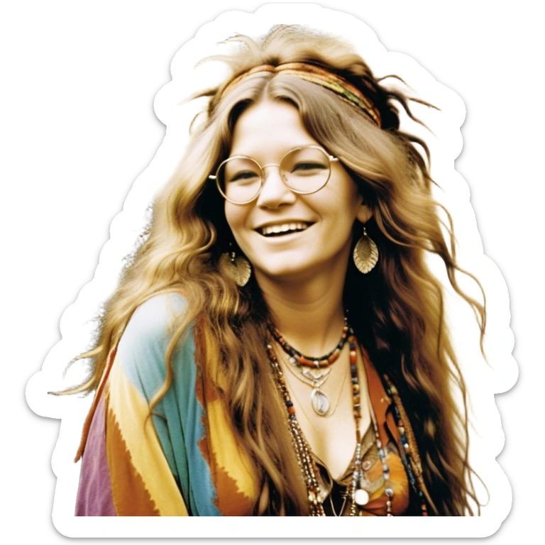 a portrait of janis joplin, focusing on her upper half. she has long, wavy hair with a free-spirited, messy style, round glasses, and a warm, infectious smile. she’s wearing layered bohemian jewelry, colorful clothing, and a feather in her hair, exuding her iconic 60s rock-and-roll vibe. the background is vibrant and slightly psychedelic sticker