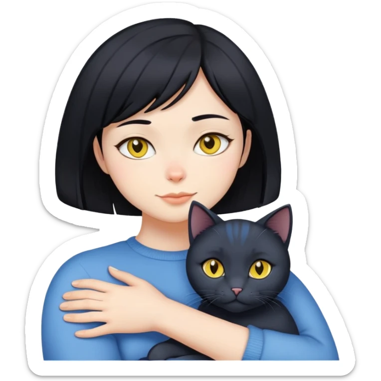 black straight hair hugging shorthair blue cat with yellow eyes sticker