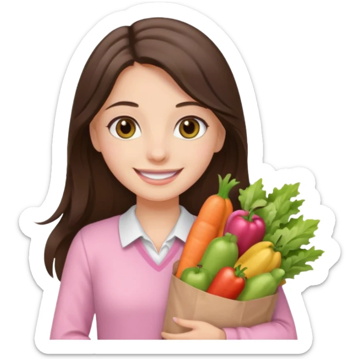 smiling long brunette hair girl hazel eyes wearing light pink clothes holding groceries sticker