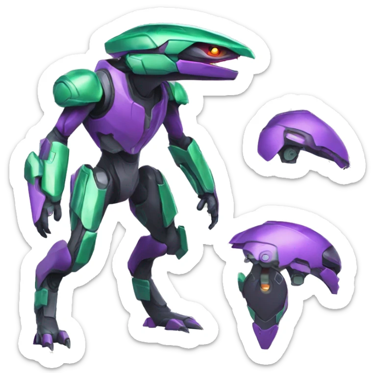 a purple-green Genesect-Raptor-Fakémon—hybrid with a futuristic visor-helmet full body sticker