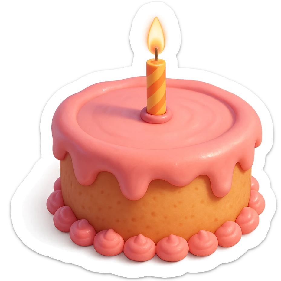 Draw a Pixar-style birthday cake with pink frosting and a single candle. The cake should be visible from the front and top. sticker
