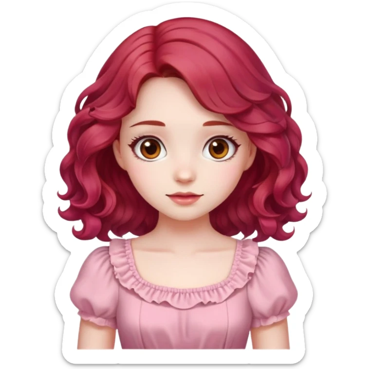 A pale girl with cherry red wavy hair and brown eyes, wearing a pink cute dress. sticker