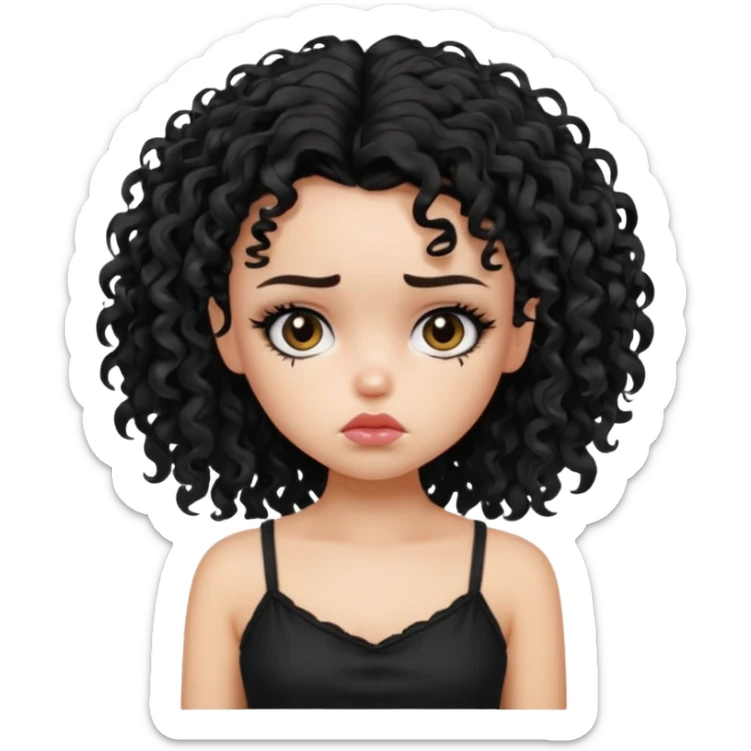 generate a pretty fair bratz girl with black messy curly hair looking sad . Wearing a black cami sticker