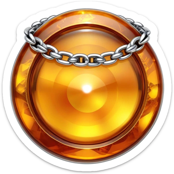 extreme close up of a round cut holographic amber charm with silver metal accent and ornate chain sticker