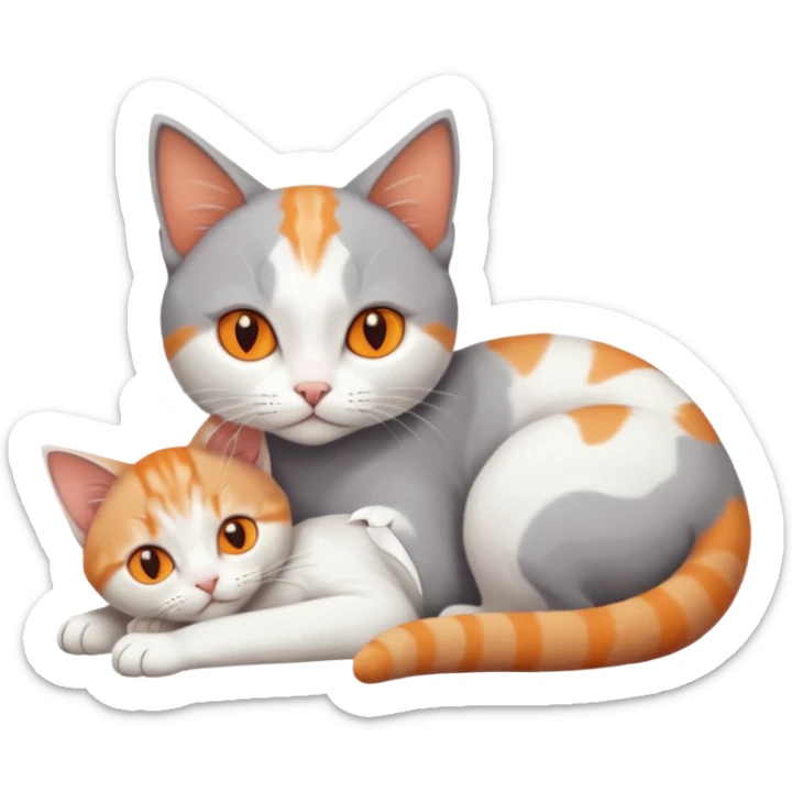 full body of a grey and white cat cuddling a very small + skinny ginger and white kitten with deep orange eyes and triangular shaped face lying down sticker