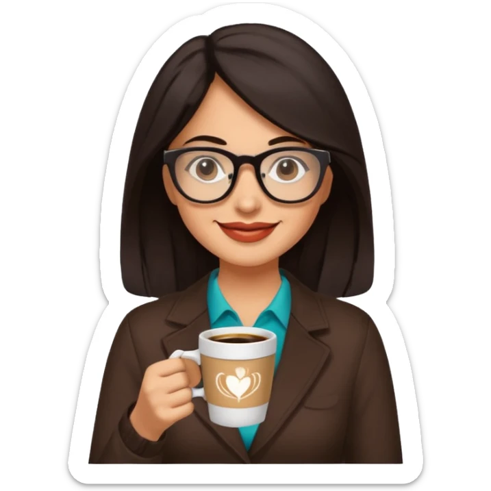 Hispanic woman with glasses. Dark hair. She is older, but cool. Happy and enjoying coffee  sticker