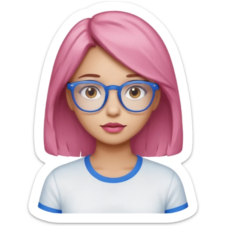 A girl with peach skin, brown eyes, blue glasses, pink lips, and light brown hair. sticker