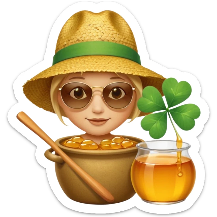 A hunny playing or eating out of a big pot of honey (like the one Winnie the Pooh played with) and have a Irish four leaf clover ground cover and a beach back drop  sticker