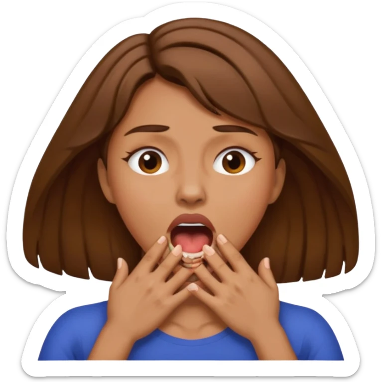 the woman emoji with brown hair and tan skin choking herself out with both hands on her neck with her mouth open sticker