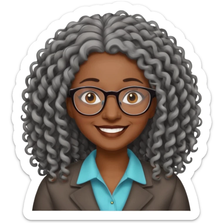 smiling dark older black woman wearing glasses with lots of long curly gray hair a sticker