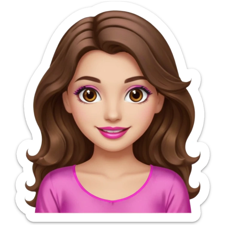 girl with long wavy brown hair, brown eyes, long lashes makeup, sexy pink lips, light to medium complexion, wearing a pink sexy silk top, smiling sticker