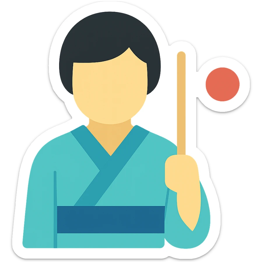 person in a traditional Japanese kimono holding the flag of Japan, color icon sticker