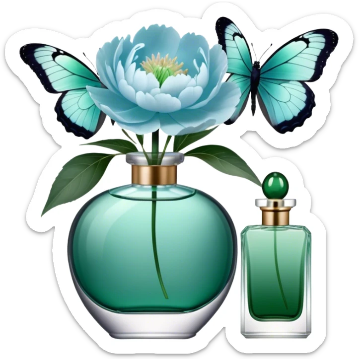 A delicate arrangement of pale blue peonies and a translucent green  butterfly near a deep green color perfume bottle.    sticker