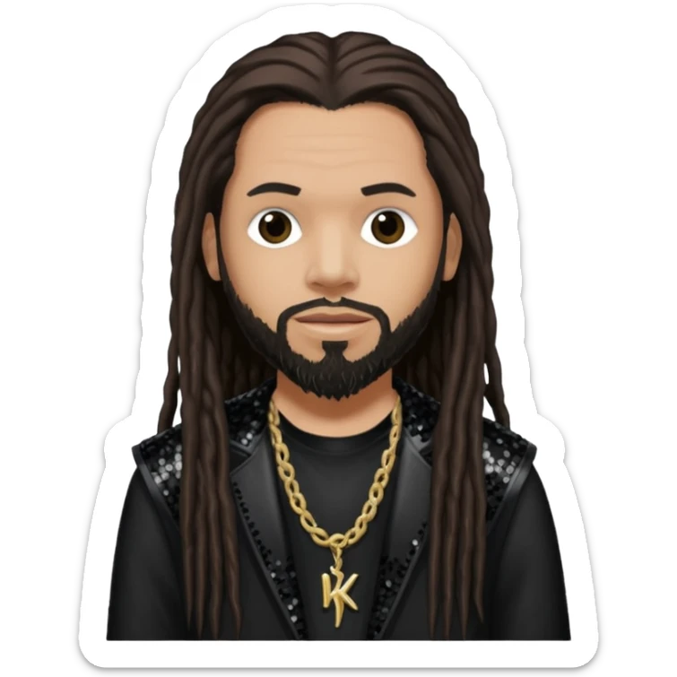 Reginald Fieldy Arvizu from Korn with long dark brown hair, light tan skin, black sequin outfit sticker