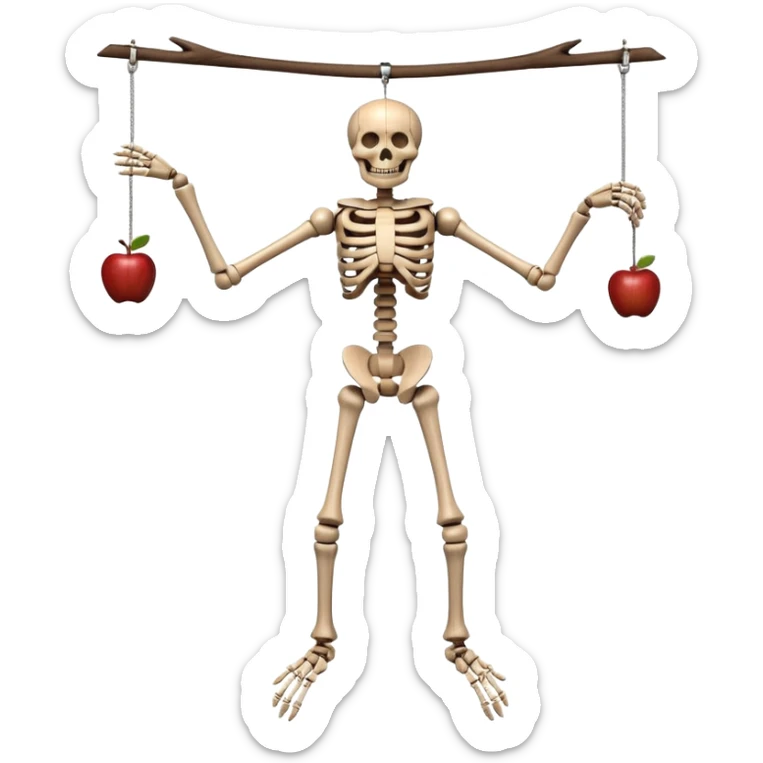 3D render of Skeleton Marionette as a wooden marionette puppet, Wooden bones, hanging loose, silver metal screw joints at elbows and knees, polished brown wood texture, rigid toy pose, Apple emoji style, isolated on white background --v 6.0. sticker