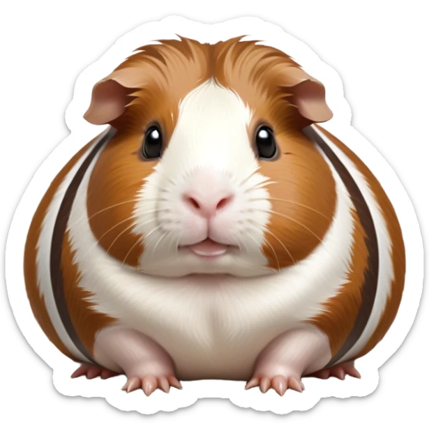 Cinematic Noble Brown and White Banded Guinea Pig Portrait Emoji, Poised and regal, with a compact, chubby build and a uniquely patterned fur of warm brown and crisp white banding, deep-set soulful dark eyes, Simplified yet sharp and sophisticated features, highly detailed, glowing with a soft, dignified glow, high shine, intelligent and charming, stylized with an air of distinctive elegance, focused and attentive, soft glowing outline, capturing the essence of a watchful and confident companion, so majestic it feels as though it could scurry out of the screen with effortless authority! sticker