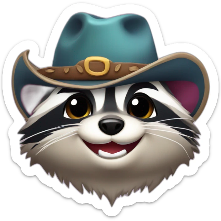 Raccoon in cowboy hat smiling with tears in eyes holding eggplant sticker