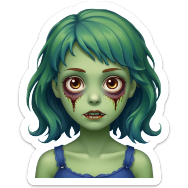 faça uma menina zumbi verde bonita com um cabelo ondulado, olhos castanhos-avermelhados e que metade da franja seja azul escuro e o a outra metade e resto do cabelo sejam castanho escuros sticker