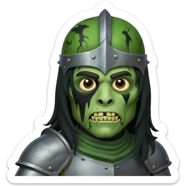 a male with long black rough hair wearing a knight helmet with green zombie skin sticker