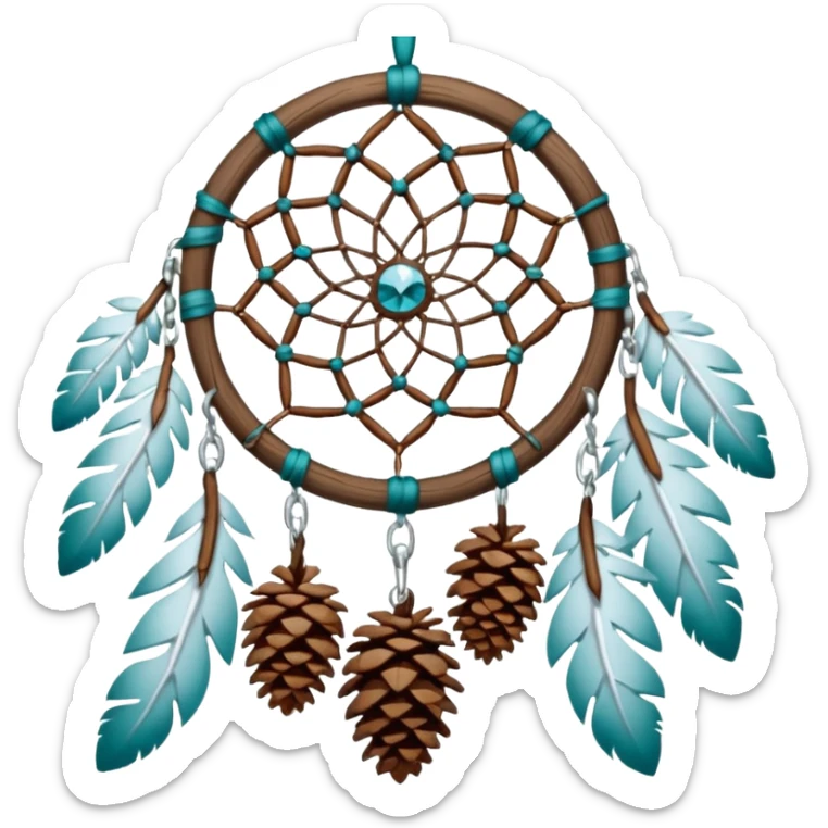 Winter-themed snow-covered spruce pine wooden pinecones and nuts dreamcatcher with white feathers, silvery chains and teal leaves sticker