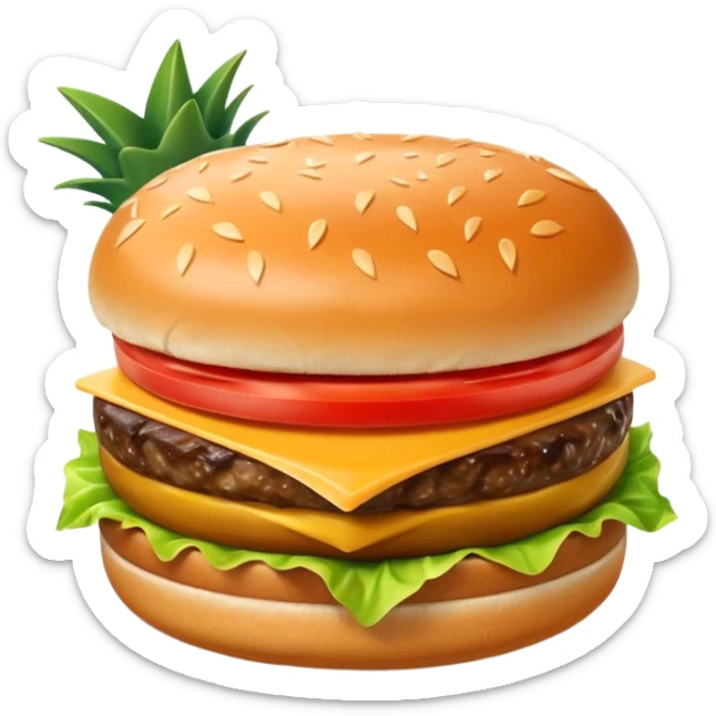 Hamburguesa con una carne, queso derretido, una rebanada de tomate, lechuga, una rebanada de piña. Colocar encima del pan una aceituna con un palillo sticker