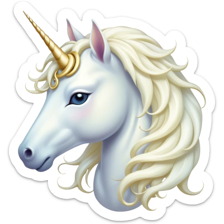 Beautiful and Majestic White Unicorn Portrait Emoji, Head and body exuding serene brilliance with a luminous, flowing mane and a gracefully spiraled horn, eyes gently closed in peaceful reverie, Simplified yet exquisitely enchanting features, highly detailed, glowing with a soft, celestial light, high shine, serene and utterly majestic, stylized with an air of timeless fantasy, soft glowing outline, capturing the essence of a beautiful and majestic white unicorn that embodies the pure magic of legend! sticker