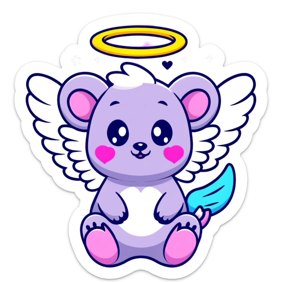 adorable possum with angel wings and halo, surrounded by stars and hearts, Lisa Frank colors sticker