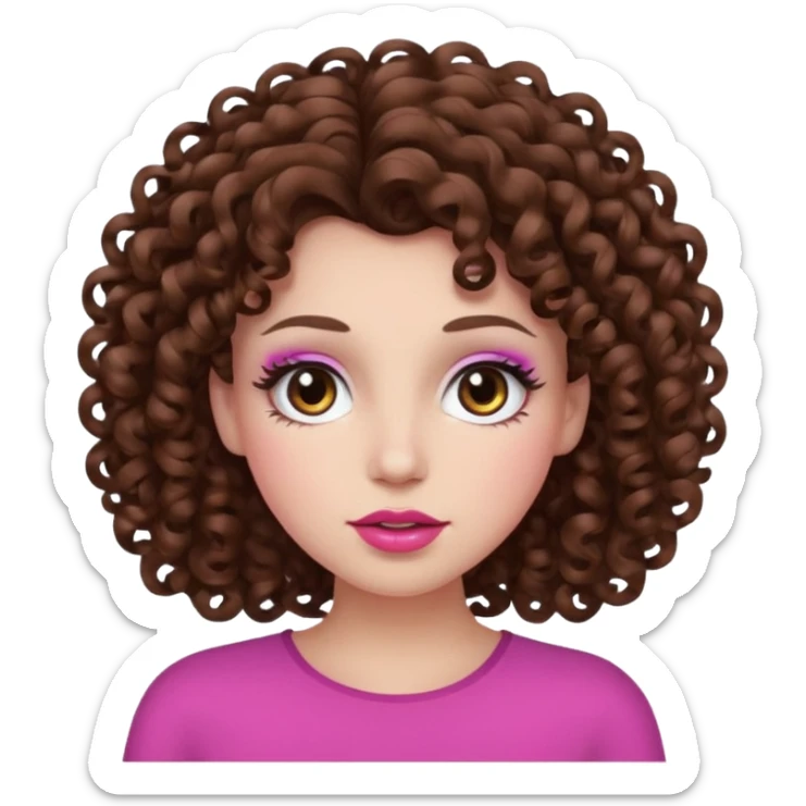 Curly brown hair white skin with brown eyes and long eyelashes and pink lips sticker